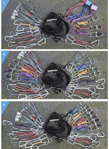 1 - Racking up for an easy route with a basic rack for trad climbing. 2- Racking up for long and more complex routes with gear arrange small on the left and large on the right. 3 - The same rack as 2 but with the gear arrange wires on the left and cams on the right.