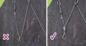 The Sling on the left is a free hanging V, whilst it will self equalise it will extend and shock load the belay should one of the anchors fail. Much better is the example on the right by adding the knot the anchor is equalised but will not longer extend.