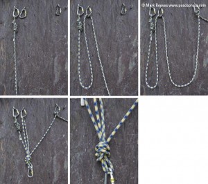 Equalising three anchor point with a rope is similar to two points. First tie off one end of the rope with a fig of 8. Make a loop and just clip a loop of rope through the next anchor. Make another loop and then tie the rope off with a clove hitch to the third anchor. To make the anchors independent and equalised tie an overhand in both loops that hand down.