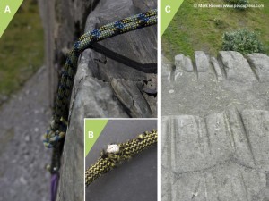 The reason we try to avoid or protect edges is that sometimes sharp egde like in A, can lead to cut or damaged ropes like in B. C is an example of top roping on soft sandstone in the south of England, which has cause grooves to be worn into the rock. On southern sandstone you now have to extend you top rope over the egde and no one is meant to lower off, instead you climb and walk off to reduce the chances of these groove forming.
