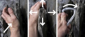 Checking the quality of rock for a gear placement. Left: Hitting it with the palm of the hand and feeling for vibrations. Middle: Trying to move the flake in different directions. Right: Tapping the flake with a karabiner and listening to see if it sounds hollow.