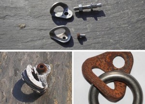 Top: A modern long 10mm bolts versus the old 30mm long 8mm wide bolt. What would you prefer to fall on? Bottom Left: A aluminium hanger that has corroded probably due to mixed metal issues. Bottom Right: A stainless ring and rusty steel hanger, this was only paced for a few month before the corrosion was spotted, such is the effect of mixed metals.