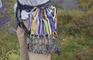A fully loaded Trad climbing harness