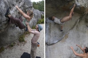 When low down (Left) we can spot by simply pushing a climber back onto the wall. When working hard move you can use this technique to take some 'poundage' off the climber as they work moves at their limit. When the climber is higher off the ground (right) we need to be ready to catch or slow the climber down by their bum or armpits. Helping the boulderer have a softer landing and landing feet first.