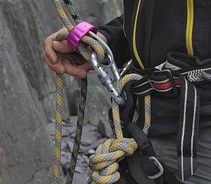 How the grip the dead rope when double rope belay. Note the split at the ring and middle finger.